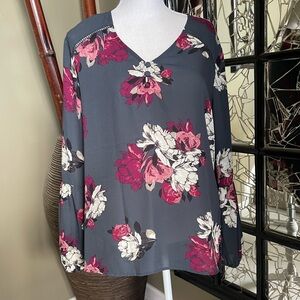 Women’s Maurice’s M Blouse Gray/Maroon with Bell Sleeve Cuffs Polyester